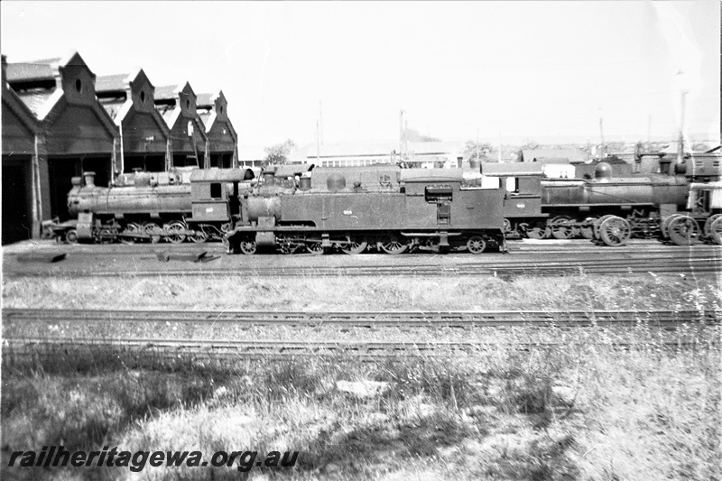 P22332
East Perth steam running shed showing DS 369 and FS 451 and 461 locomotives. ER line.
