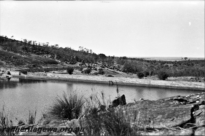 P22357
Railway dam, hillside, Muntadgin, NKM line, view from lakeside looking towards dam wall
