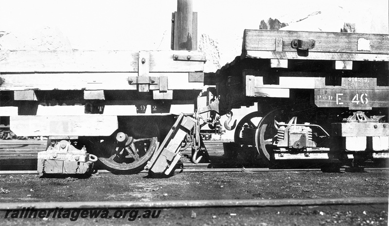 P22376
Perth stone train derailment 3 of 5, wagon numbered 41, Public Works Department E class wagon 46, derailed and damaged, side view from trackside 
