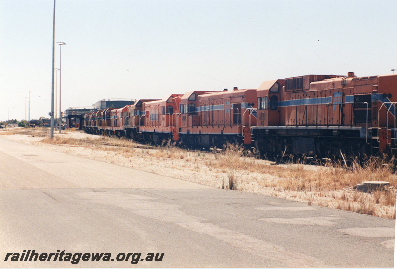 P22423
Lash up of diesel locomotives including A class 1506, A class 1505, and AB class 1537, Forrestfield marshalling yard, ground level view of sides and ends
