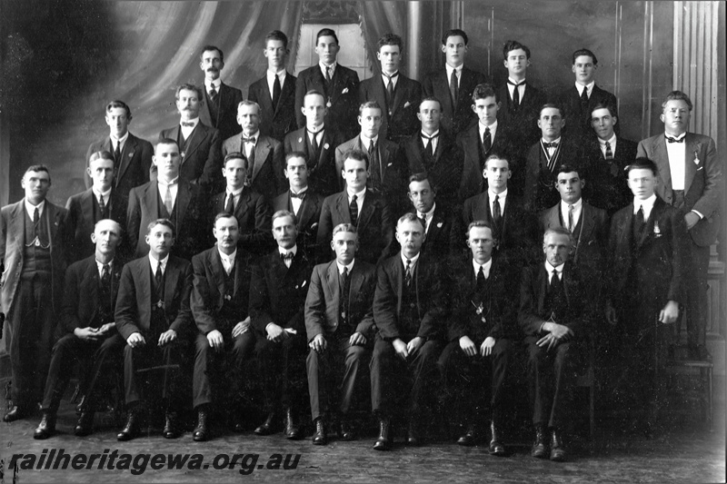 P22444
Group photo of Fremantle Railway Ambulance Class 1924. Front row: J. Finnucane, P. Harrison (Chair 1922), W. Restieaux (Chair 1923-4, Instructor 1924), Dr M. Glanville (Lecturer 1923-4), T. Woodroffe (Secretary 1922-4), T. Ryan (Instructor 1921-3), G. Fruin (Instructor 1922), F. Dodds. Second row: R. Watson, D. McGowan, E. Renner, E. Morris, E. Varcoe, J. Haynes, A. Sherville, H. MacLiver, F. Andrews, J. Noble. 3rd row: J. Affleck, J. Knox-Peden, G. Coad, O. Willshire, T. Priestly, N. Taylor, J. McCarthy, J. Sheedy, W. Woods, A. Cotton. Back row: W. Foord, N. Fowler, J. Woolmington, A. Saunders, A. Foord, C. Edwards,L. McEwen.
