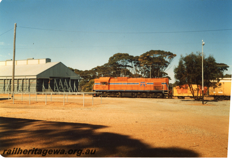 P22450
A class 1511, on goods train, wheat bin, Tinkurrin, NKM line, side and rear view
