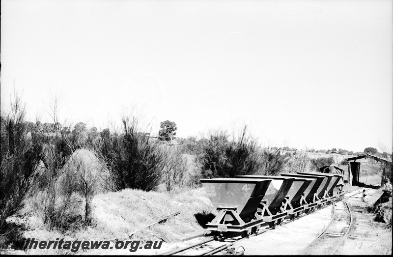 P22481
Australian Railway Historical Society Western Australian Division tour to Maylands brickworks 4 of 16, rake of 6 wagons including no 4, shed, points, track, end and side view from trackside
