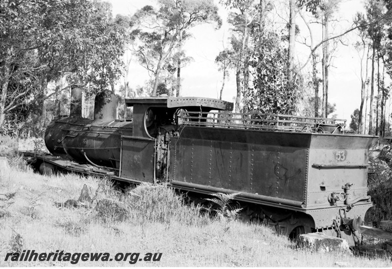 P22632
Bunnings loco No 53 stored out of use at Manjimup. PP line.
