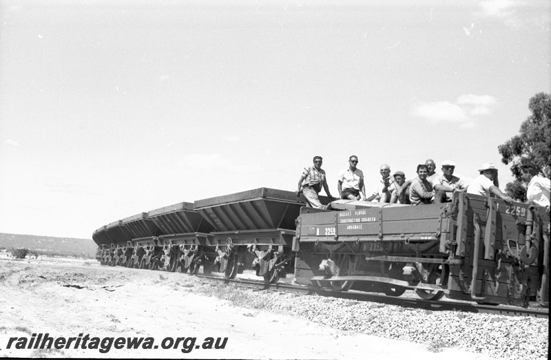 P22677
Standard gauge ballast train WSH wagons at Forrestfield. ER line. 
