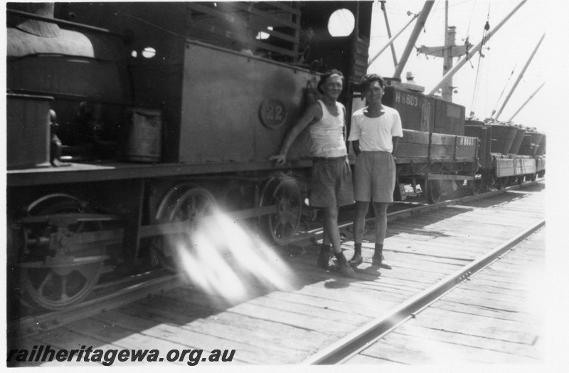 P22744
H class 22, H class 8803, drop sided wagons, wharf, cranes, Port Hedland, PM line, front and side view, c1950s
