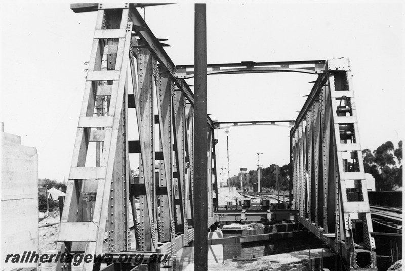 P22759
Extension of Mt Lawley subway ER line No 8 of 15, steel trusses in position, signals, view along the tracks looking north 
