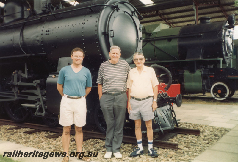 P22791
Life members (left to right) N. Pusenjak, N. Zeplin, D. Wooldridge, Railway Museum, Bassendean, ER line, track level view
