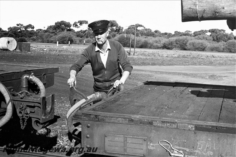 P22802
Guard Reg Angell, coupling back onto his train No 95 goods, after detaching a wagon of pipes for GWS, Boorabbin, EGR line, view from trackside
