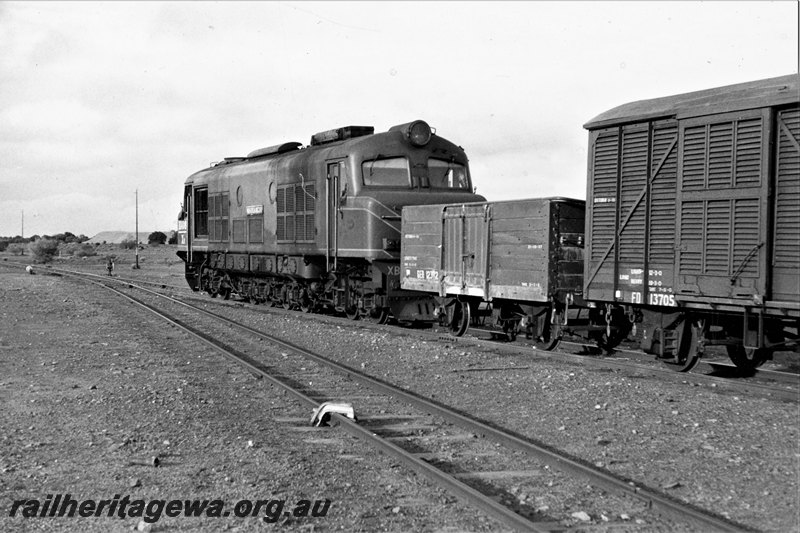 P22808
XB class 1008, about to depart on No 191 goods to Leonora, including GER class wagon 12372 and FD class van 13705, scotch block, siding, drought conditions, Kookynie, KL line, side and end view 
