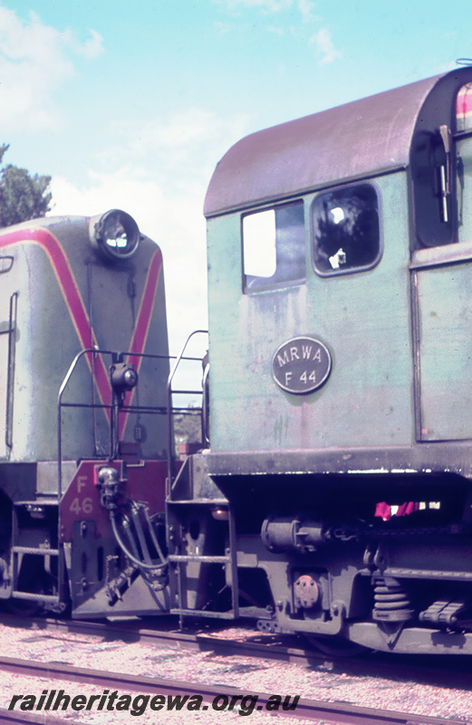 P23673
MRWA F classes 44 (cab) and 46(nose) double heading ARHS tour train to Dwellingup, PN line, close up side and end view of nose and cab,
