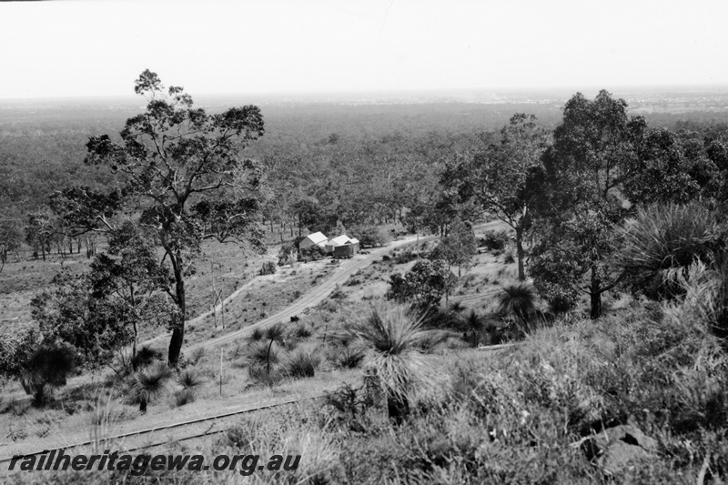 P23785
Elevated view showing a leg on the Zig Zag, and the line leading to Statham's Quarry UDDR line, buildings trackside on the  Sratham's Quarry line.lower leg
