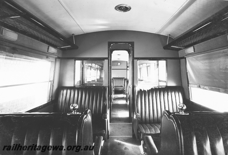 P23794
ADE class railcar, newly constructed, Midland Workshops, internal view looking down the aisleway and showing the leather seats
