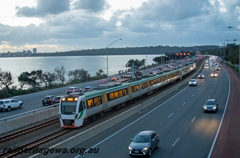 P24101
B series railcar 5051, leading B series EMU set 51, and another B series set, freeway, Como, Mandurah line, side and front view
