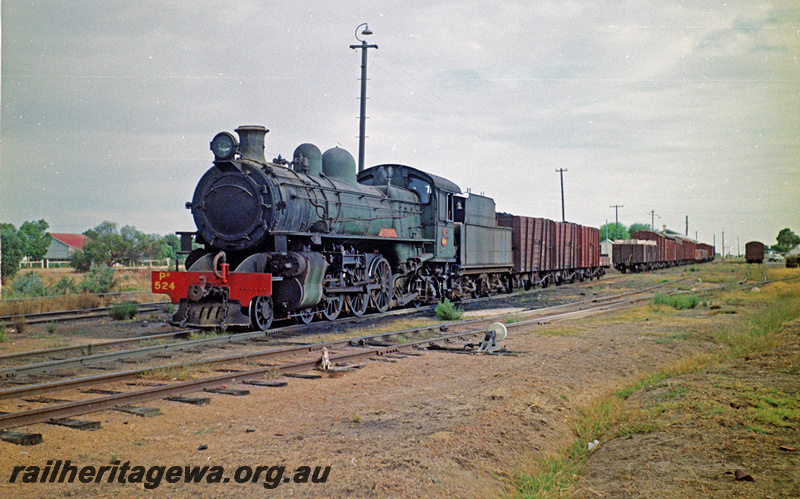 P24185
PR class 524 on Narrogin to Merredin goods train, vans, wagons, Narrogin, NKM line, front and side view
