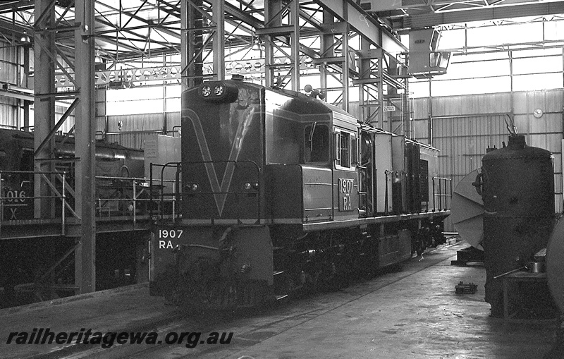 P24249
RA class 1907, X class 1016, overhead gantry, inside loco shed, Forrestfield, end and side view
