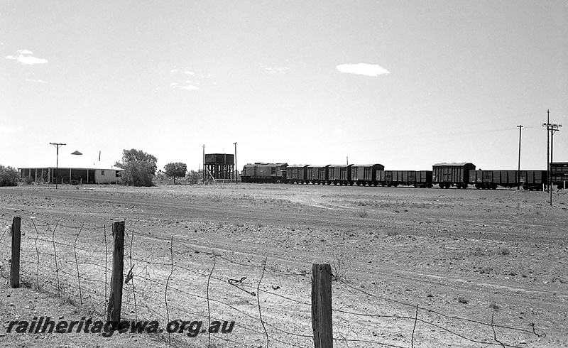 P24286
X class diesel on goods train of vans and wagons, water tower with Braithwaite tank, large white house trackside, Menzies, KL line, side and rear view
