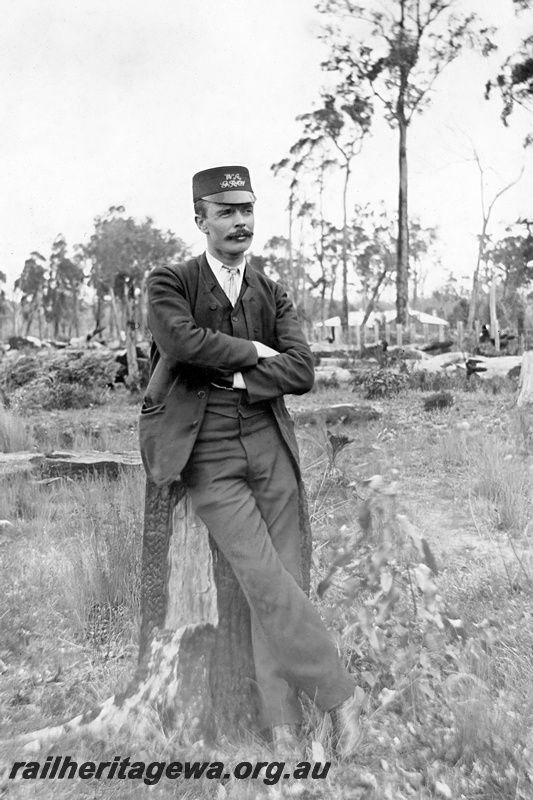 P24295
Frederic S. Barnett, in full railway officer's uniform, standing portrait view, location unknown
