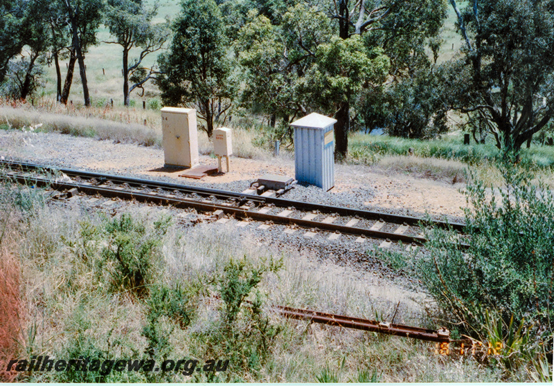 P24309
Pointwork, point motor, relay boxes, small cabin housing  the Crank Handle, Telephone and Pilot Key, Brunswick East, view looking down on the track
