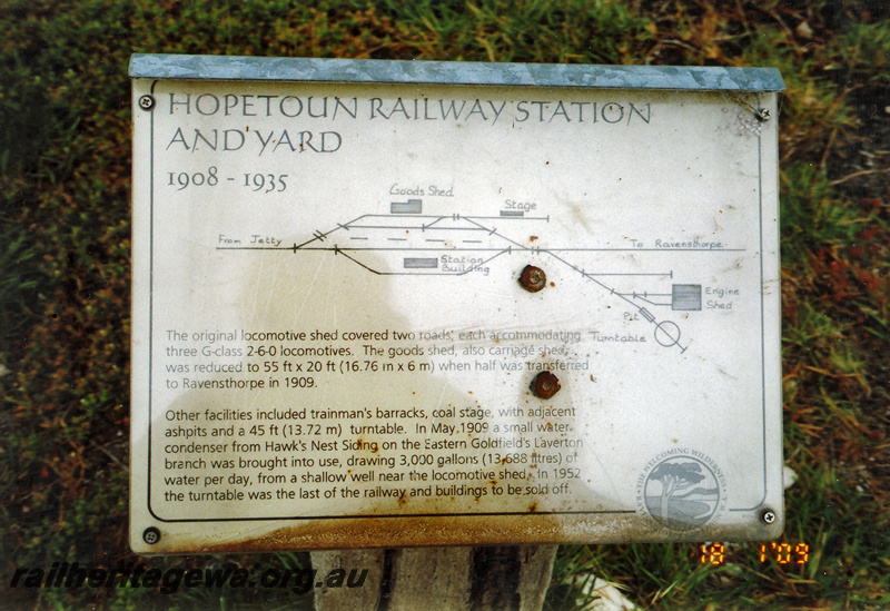 P24310
Sign at the site of the Hopetoun railway station and yard  showing the trackplan and other information 
