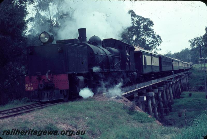 T00003
ARHS Vic Div visit, MSA class 499 Garratt loco, trestle bridge, Nannup, WN line, heading tour train
