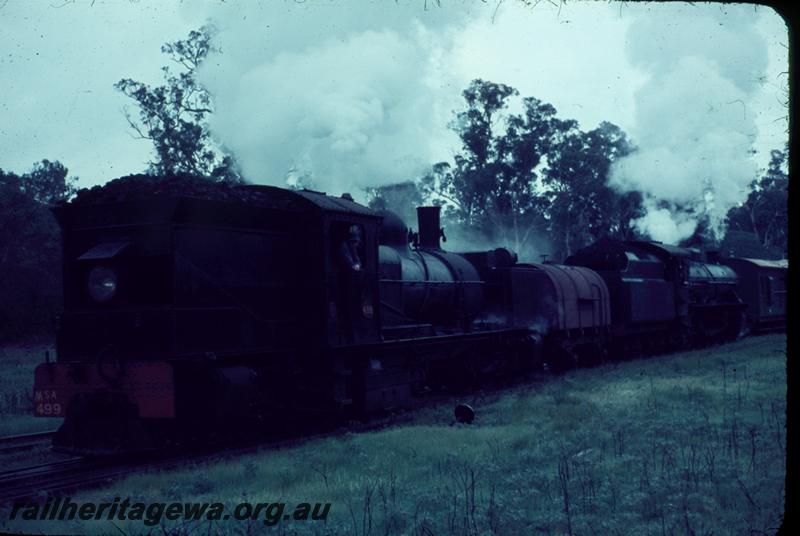 T00008
ARHS Vic Div visit, MSA class 499 Garratt loco, W class, JA tank wagon, Wonnerup, BB line, on tour train
