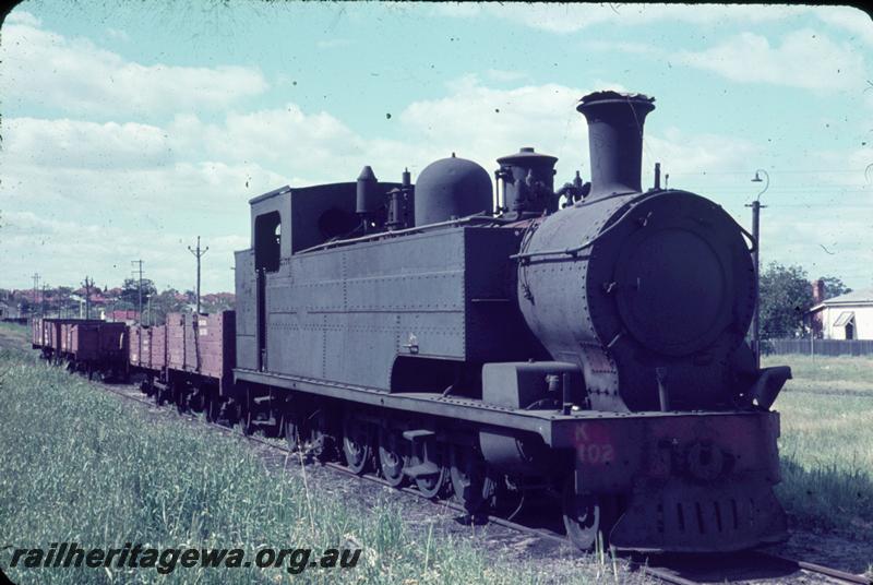 T00013
ARHS Vic Div visit, K class 102, East Perth Loco Depot, stowed with wagons
