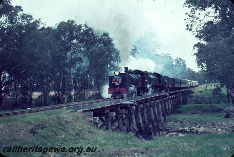 T00018
ARHS Vic Div visit, MSA class 499 Garratt loco, trestle bridge, Nannup, WN line, heading tour train
