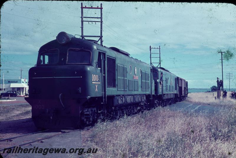 T00031
ARHS Vic Div visit, X class 1003 in plain green livery, Geraldton, NR line, double heading with another X class, on departing goods train
