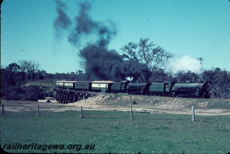 T00036
ARHS Vic Div visit, double headed W classes, trestle bridge, on tour train on the Blackwood River bridge at Asplin, DK line
