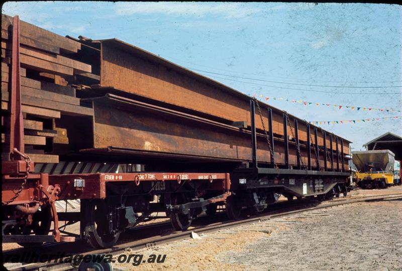 T00197
N class 2058 4 wheel flat wagon, QU class wagon with load of steel girders, Geraldton Exhibition
