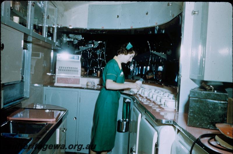 T00296
AYD class buffet car, internal view of servery, hostess preparing refreshments
