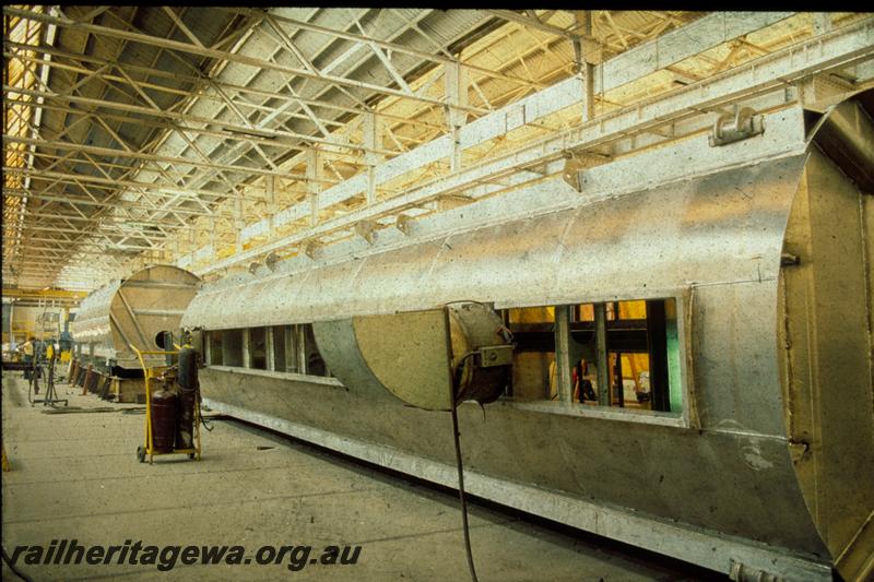 T00373
XU class wheat wagon under construction, Boiler Shop South, Midland Workshops, at the welding stage
