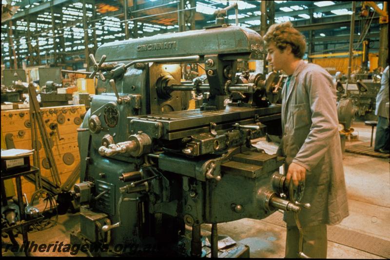 T00376
Machinist operating the Cincinnati  milling machine, Machine Shop, Block 3, Midland Workshops
