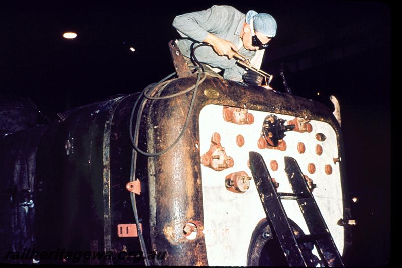 T00383
Boiler Section, Fitting Shop, Block 3, Midland Workshops showing alteration to boiler cladding during overhaul 
