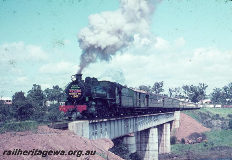 T00452
ARHS Vic Div visit, P class 505, steel girder bridge over the Collie River near Collie, BN line, on tour train.
