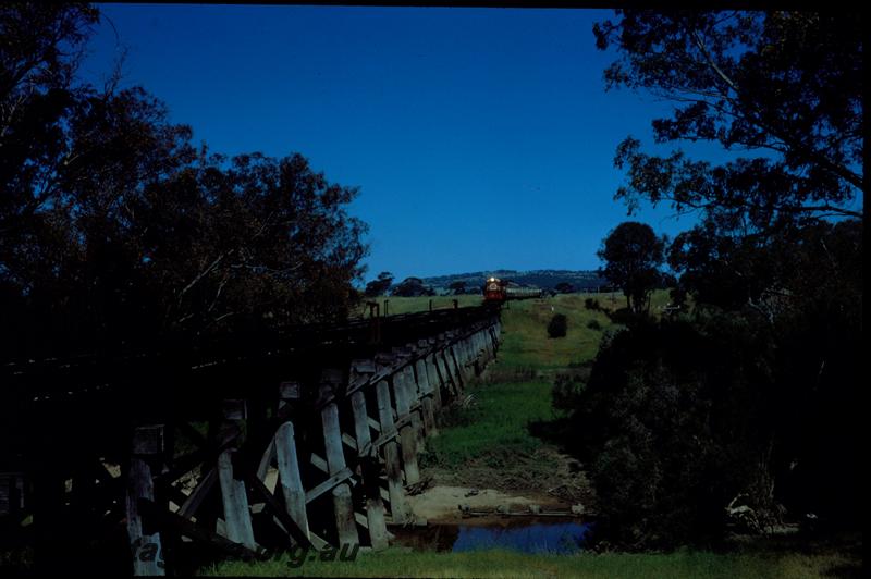 T00632
G class 50, Trestle bridge, Dale River Bridge, 9 kms north of Beverley, GSR line, ARHS tour train to Beverley
