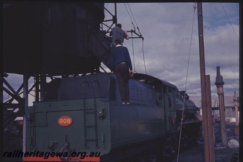 T01359
W class 908, coaling tower, Bunbury, being coaled
