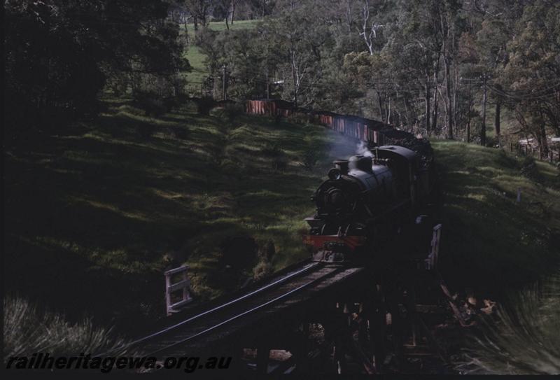 T01813
W class 905, trestle bridge, goods (coal) train from Collie, BN line, from section of train shown in T1806
