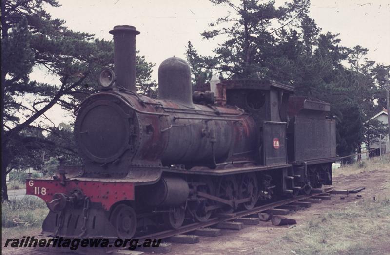 T01879
G class 118, Kalamunda Station yard, front and side view, awaiting restoration

