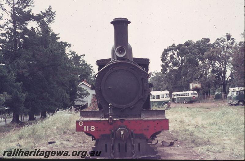 T01880
G class 118, Kalamunda Station yard, front view, awaiting restoration

