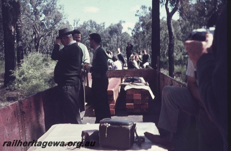 T01902
Passengers in open wagons on tour train, Donnelly River line

