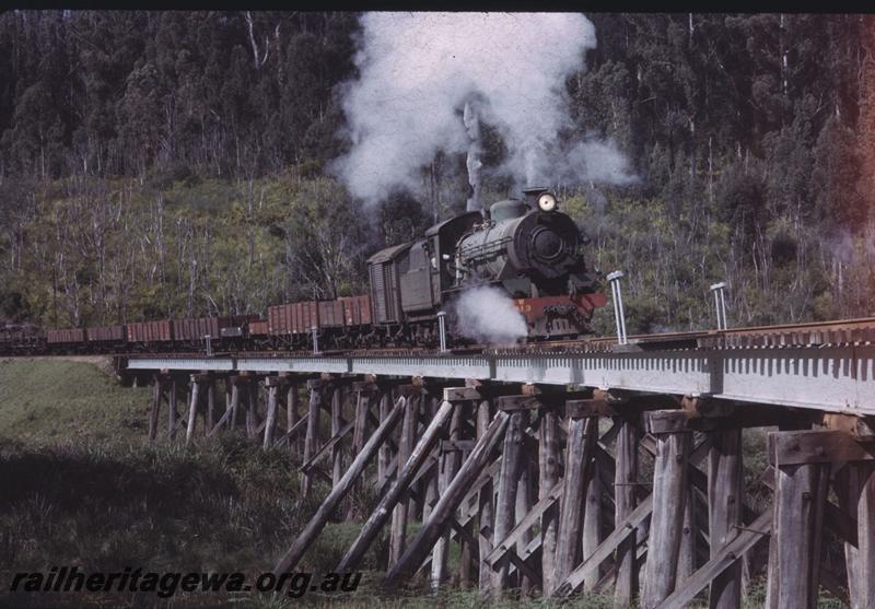 T02226
W class 913, ex MRWA van, steel girder trestle bridge over the Warren River, PP line, goods train
