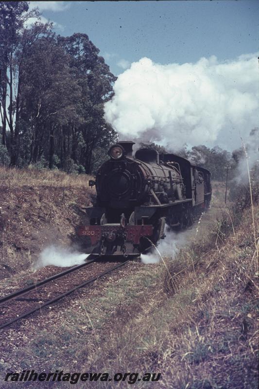 T02342
W class 920, near Beela, BN line, on No.171 goods train, head on vertical view
