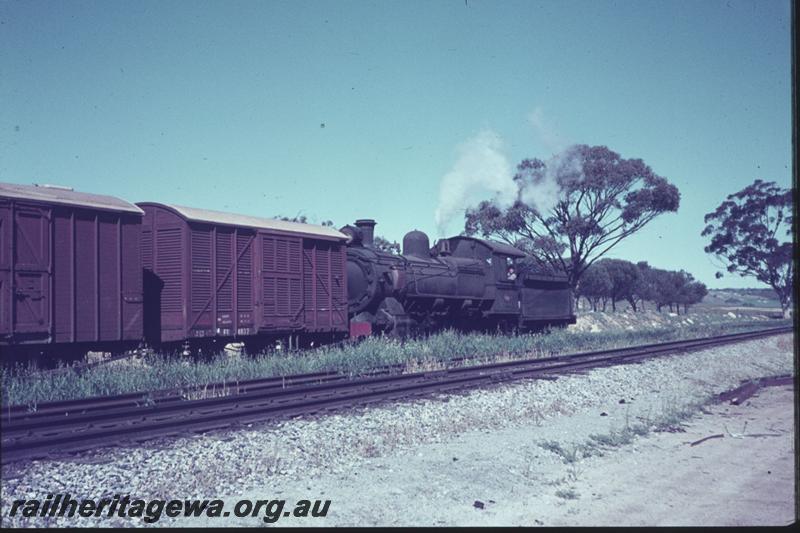 T02410
F class loco, tender first working, FD class van, on goods train
