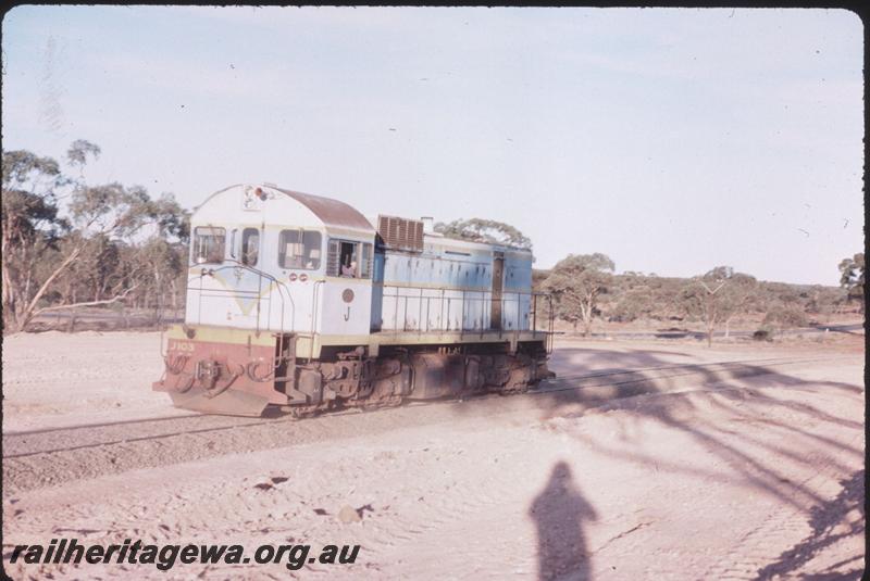 T02524
J class 103, 35 miles north of Kalgoorlie, original livery, cab end and side view. 
