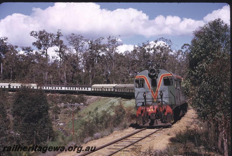 T02533
F class 45, F class 41 double heading ARHS tour train, descending grade between Dwellingup and Pinjarra, PN line
