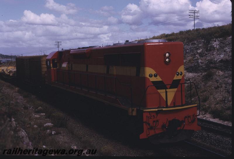 T02715
L class 259, International Safety orange livery, long hood leading, South Fremantle, freight train.
