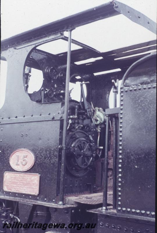 T02732
A class 15, cab side in interior of cab, Jaycee Park, Bunbury, on display
