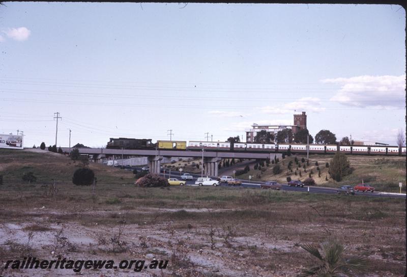 T02819
X class, steel girder road overpass, Rivervale, suburban passenger train
